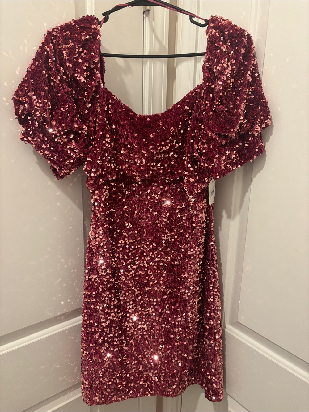 Altar'd State Burgundy Sequin Puff-Sleeve Mini Dress
